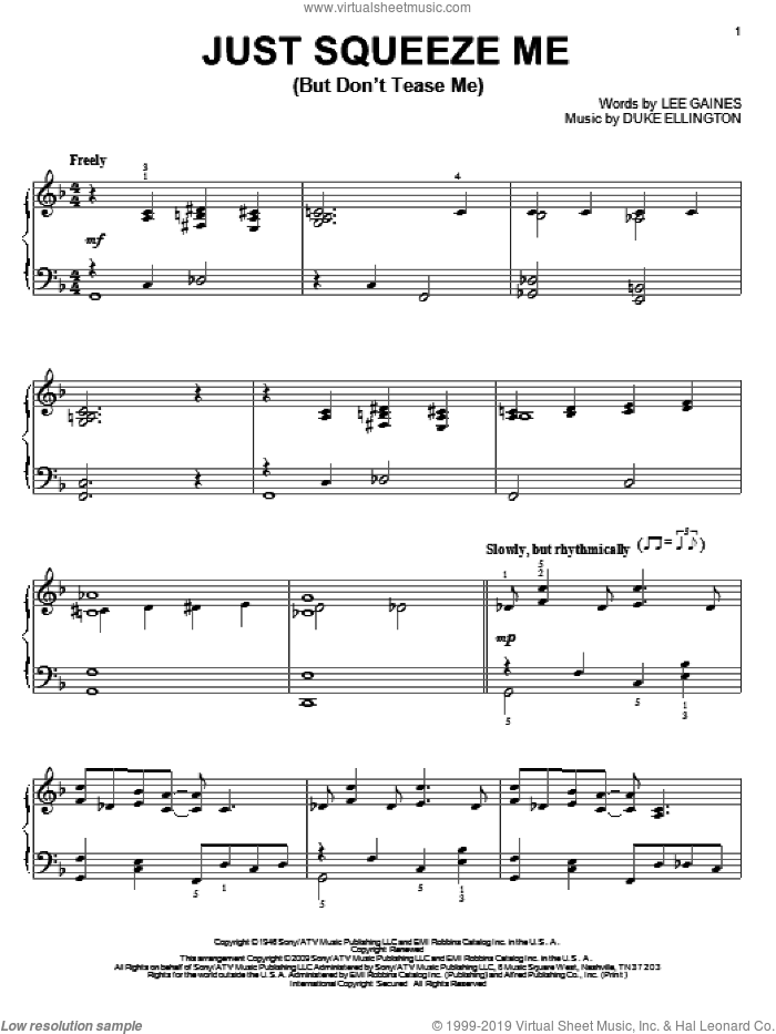Just Squeeze Me (But Don't Tease Me) sheet music for piano solo by Duke Ellington and Lee Gaines, intermediate skill level