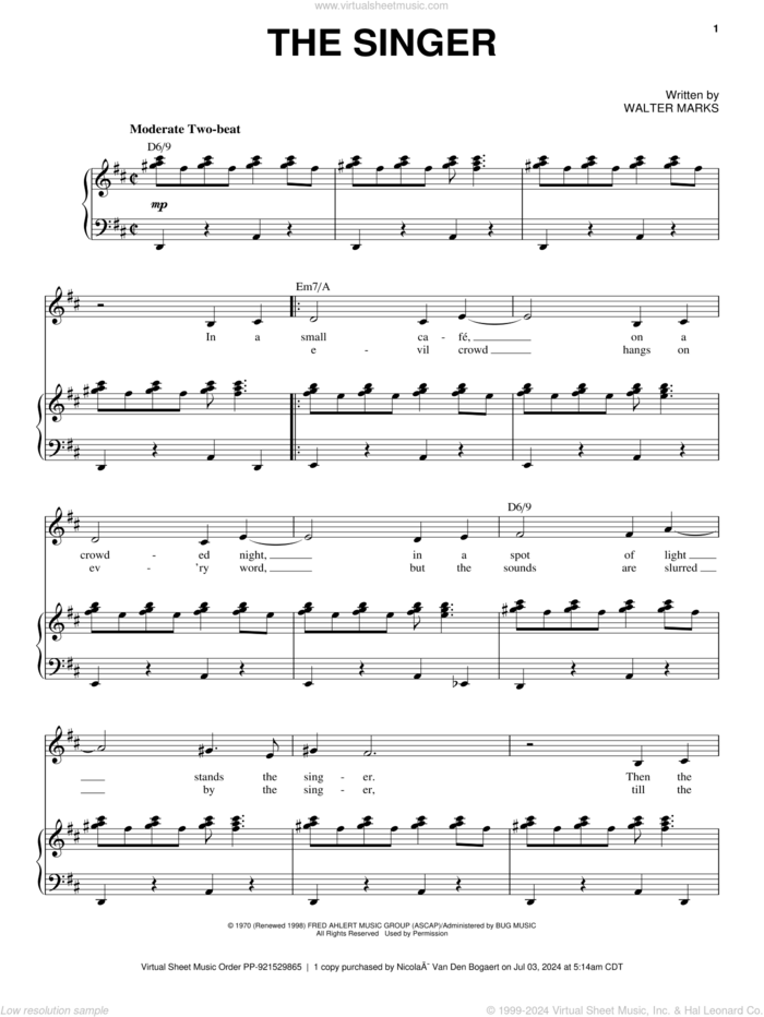 The Singer sheet music for voice and piano by Liza Minnelli and Walter Marks, intermediate skill level