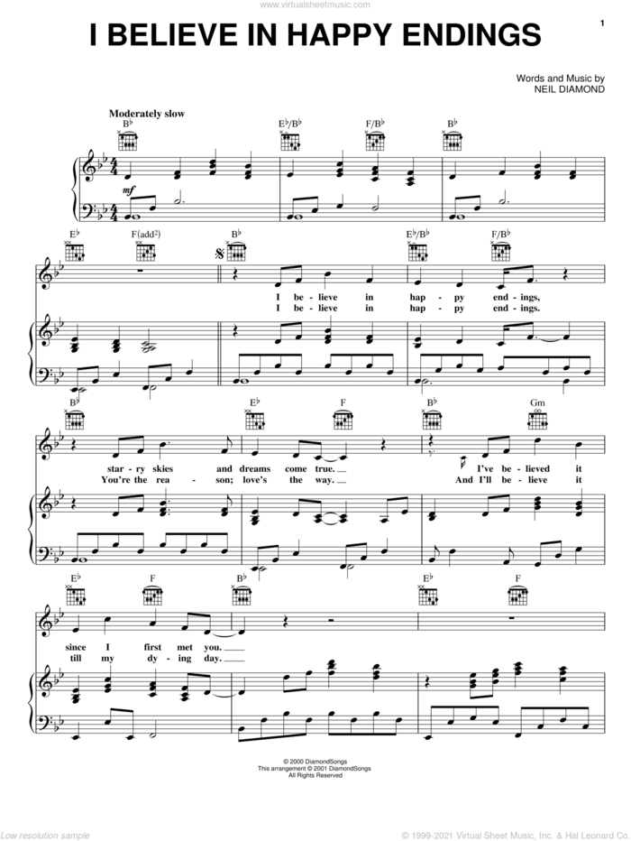 I Believe In Happy Endings sheet music for voice, piano or guitar by Neil Diamond, intermediate skill level