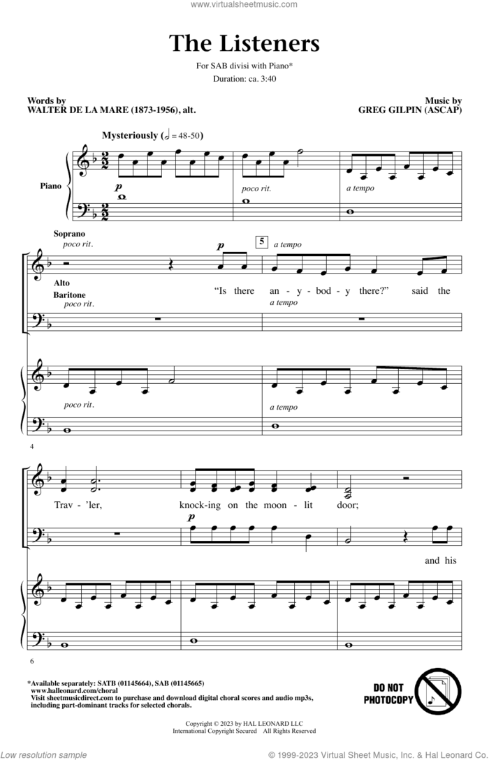 The Listeners sheet music for choir (SAB Divisi) by Greg Gilpin and Walter de la Mare, intermediate skill level
