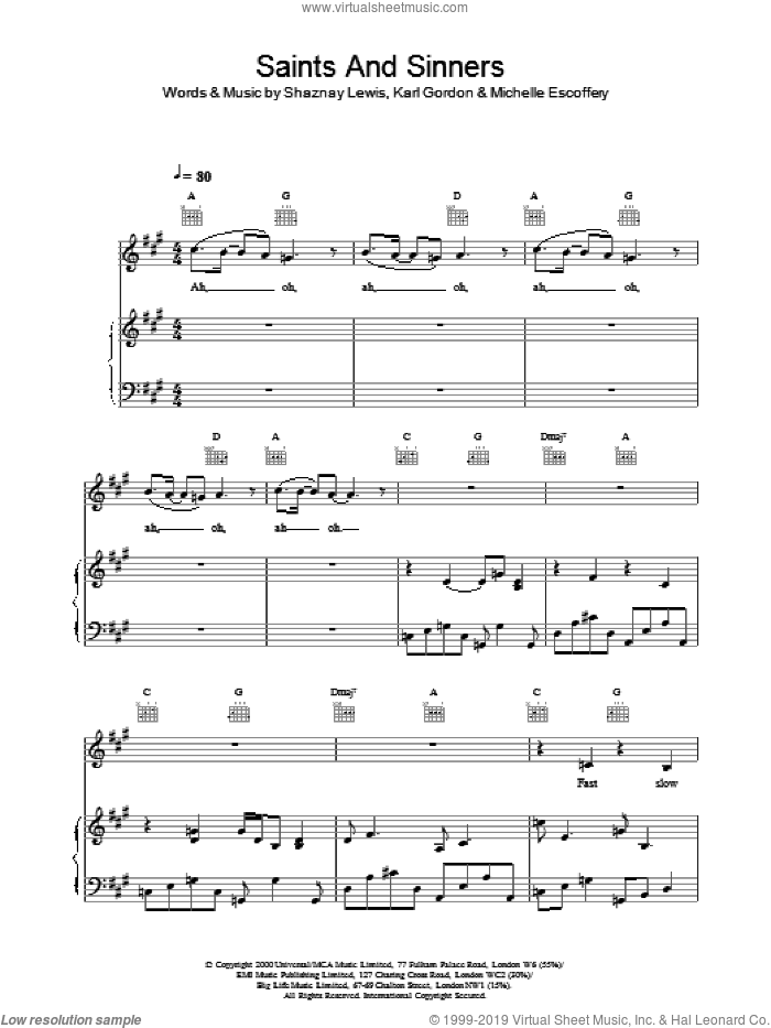 Saints And Sinners sheet music for voice, piano or guitar by All Saints, intermediate skill level