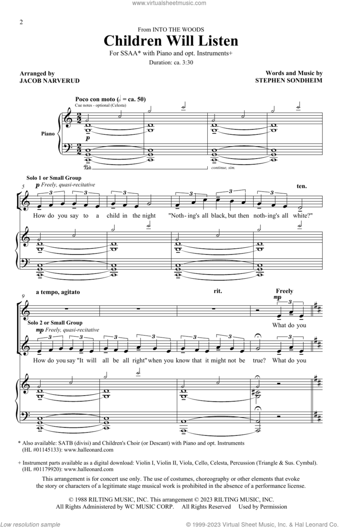 Children Will Listen (from Into The Woods) (arr. Jacob Narverud) sheet music for choir (SSAA: soprano, alto) by Stephen Sondheim and Jacob Narverud, intermediate skill level