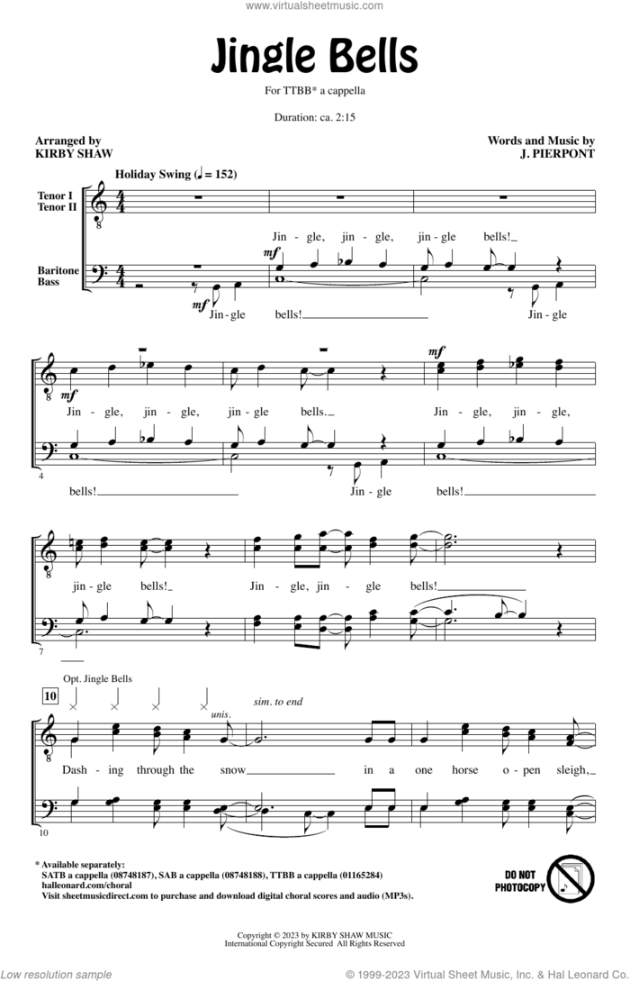 Jingle Bells (arr. Kirby Shaw) sheet music for choir (TTBB: tenor, bass) by James Pierpont and Kirby Shaw, intermediate skill level