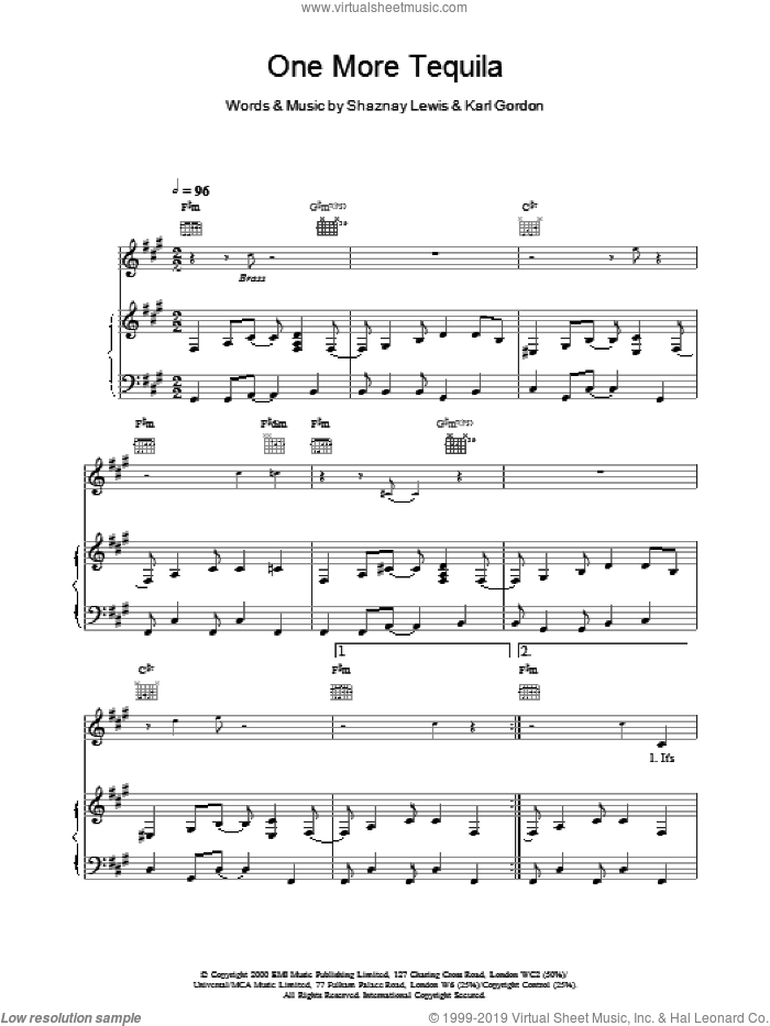 One More Tequila sheet music for voice, piano or guitar by All Saints, intermediate skill level