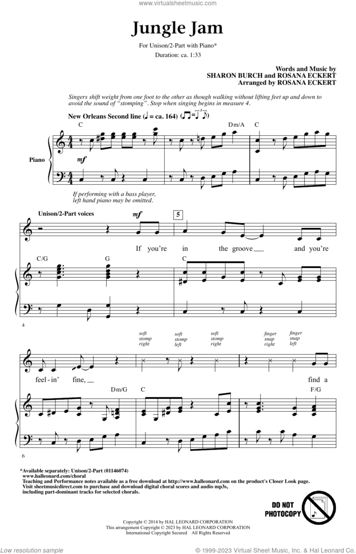 Jungle Jam sheet music for choir (Unison, 2-Part) by Sharon Burch and Rosana Eckert, Rosana Eckert and Sharon Burch, intermediate skill level