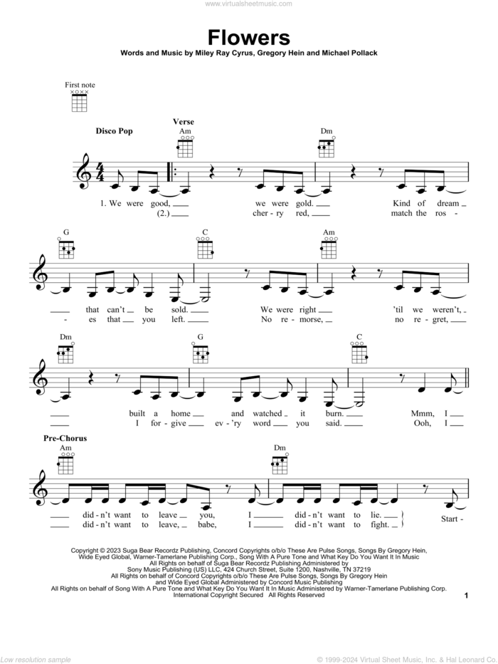 Flowers sheet music for ukulele by Miley Cyrus, Gregory Hein, Michael Pollack and Miley Ray Cyrus, intermediate skill level