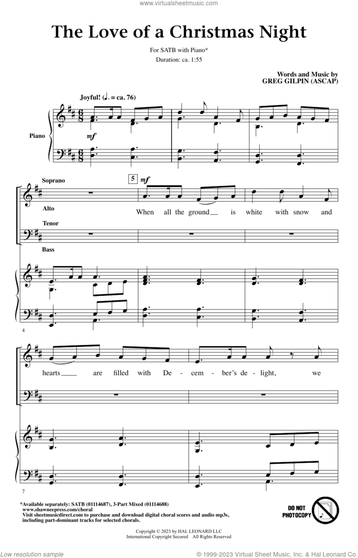 The Love Of A Christmas Night sheet music for choir (SATB: soprano, alto, tenor, bass) by Greg Gilpin, intermediate skill level