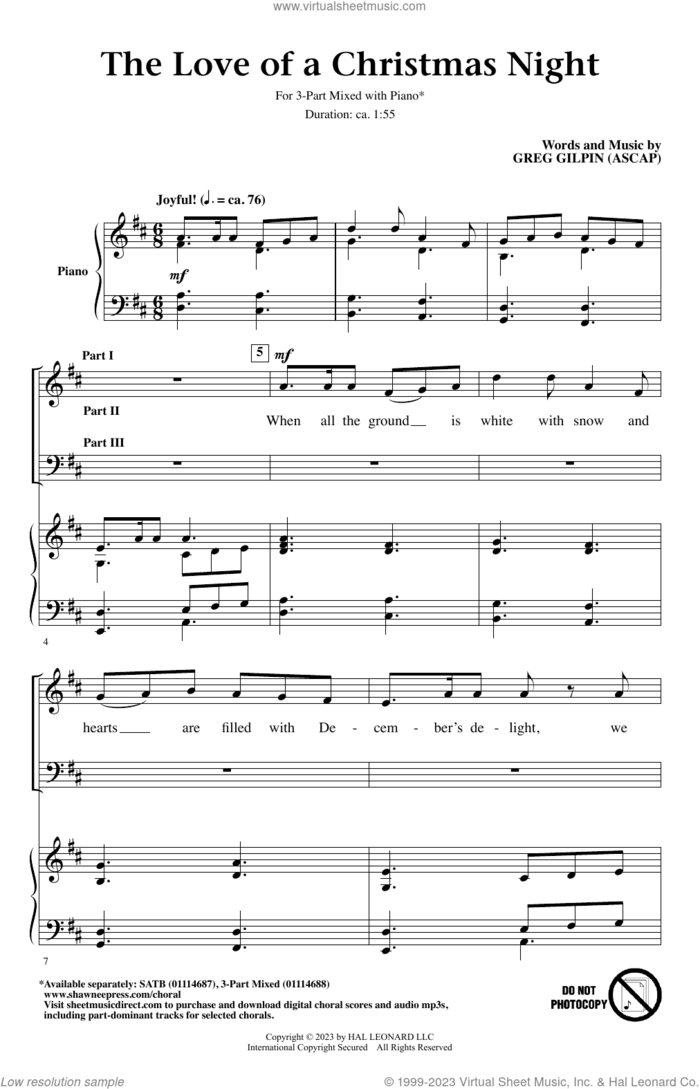 The Love Of A Christmas Night sheet music for choir (3-Part Mixed) by Greg Gilpin, intermediate skill level