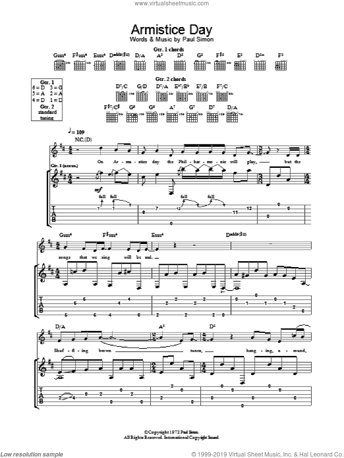 Armistice Day sheet music for guitar (tablature) by Paul Simon, intermediate skill level