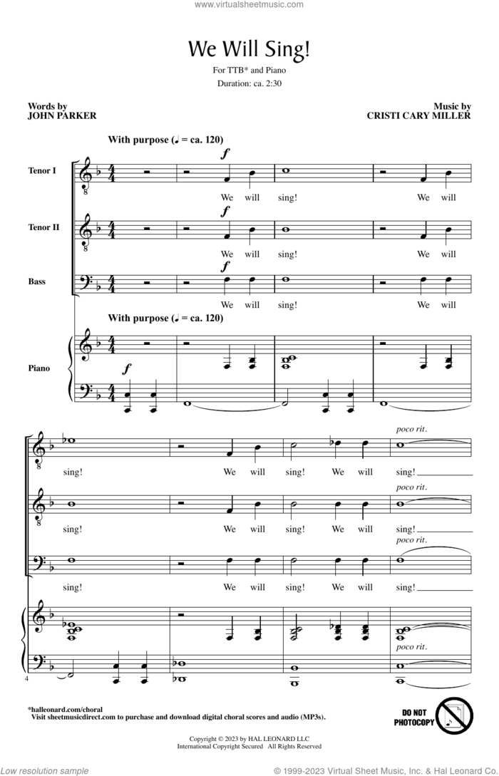 We Will Sing! sheet music for choir (TTBBB) by Cristi Cary Miller and John Parker, intermediate skill level