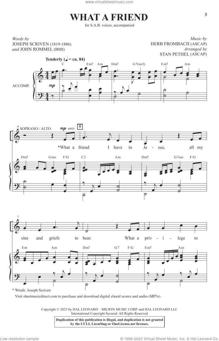 What A Friend (arr. Stan Pethel) sheet music for choir (SAB: soprano, alto, bass) by Herb Frombach, Stan Pethel, John Rommel and Joseph Scriven, intermediate skill level