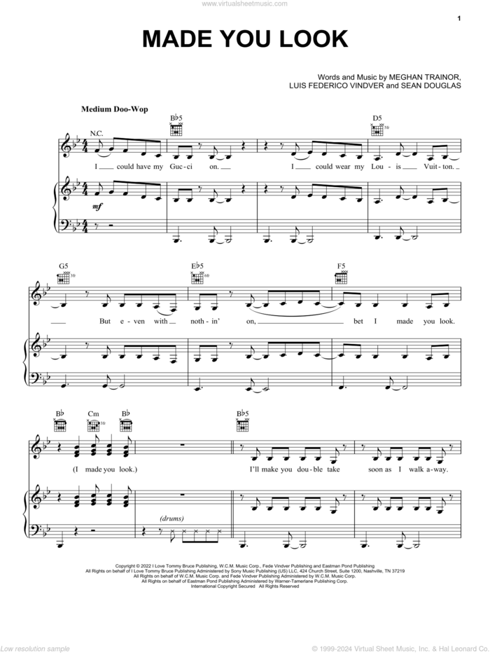 Made You Look sheet music for voice, piano or guitar by Meghan Trainor, Luis Federico Vindver and Sean Douglas, intermediate skill level