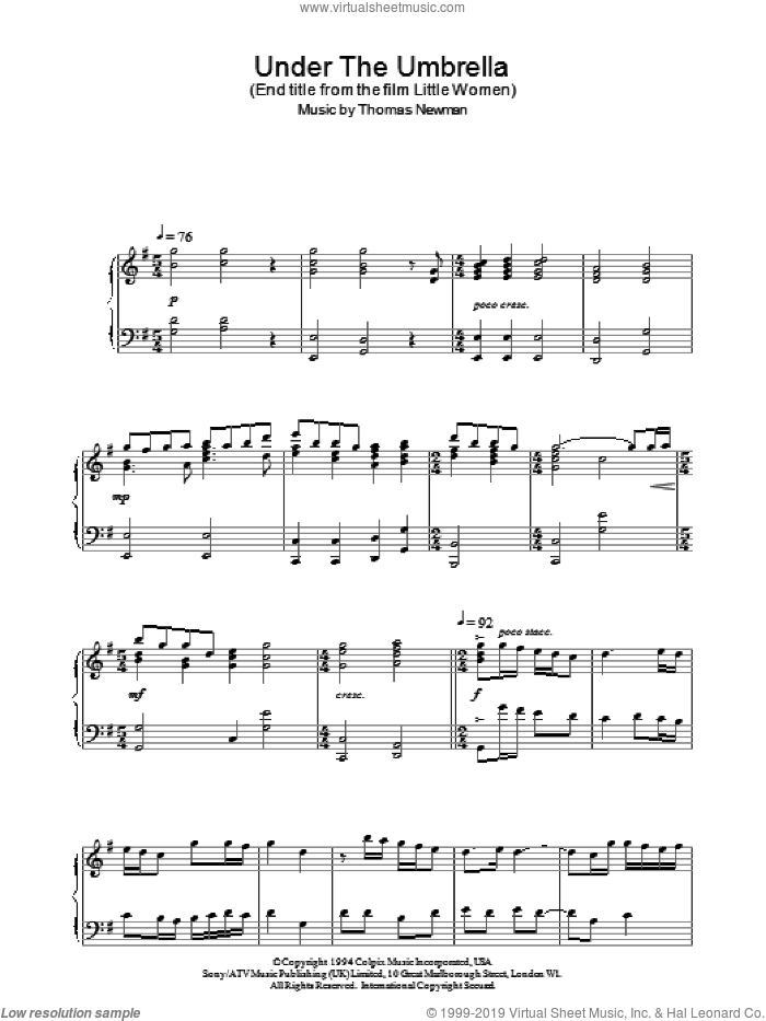 Under The Umbrella sheet music for piano solo by Thomas Newman, intermediate skill level