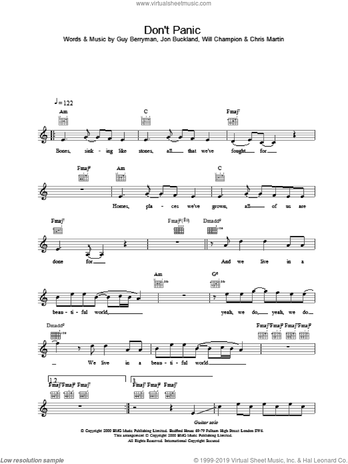 Don't Panic sheet music for voice and other instruments (fake book) by Coldplay, intermediate skill level