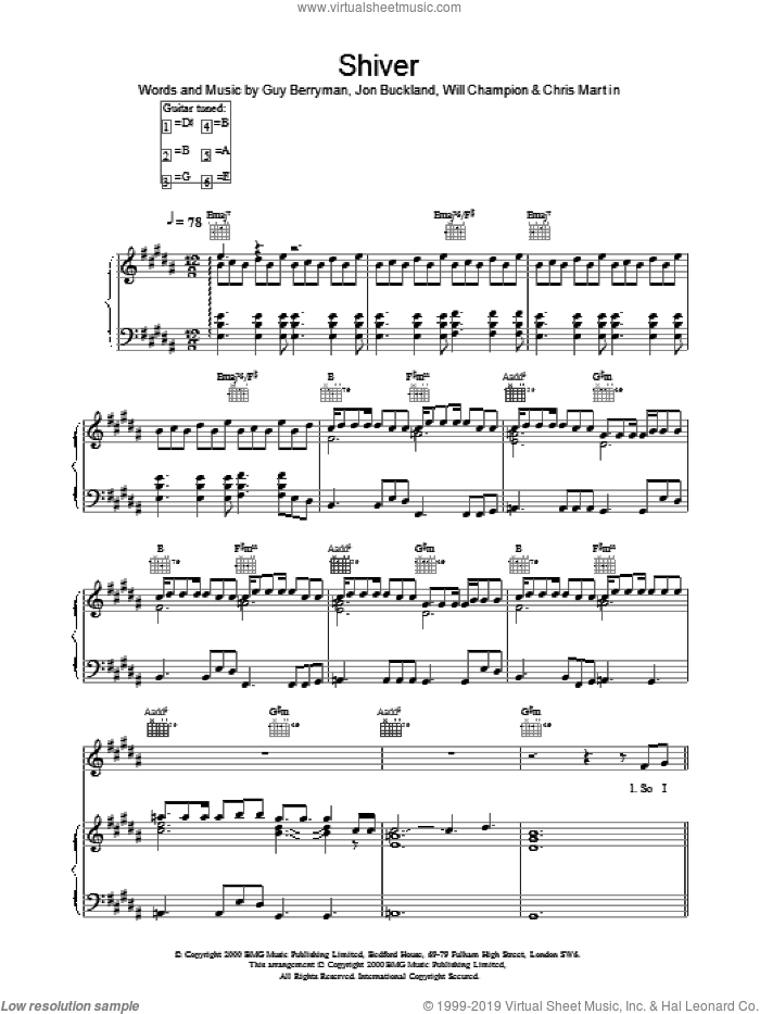 Shiver sheet music for voice, piano or guitar by Coldplay, intermediate skill level