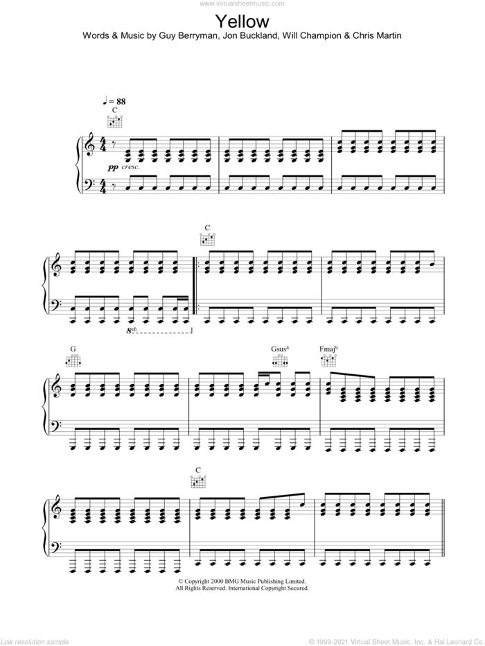 Yellow sheet music for voice, piano or guitar by Alex Parks, intermediate skill level