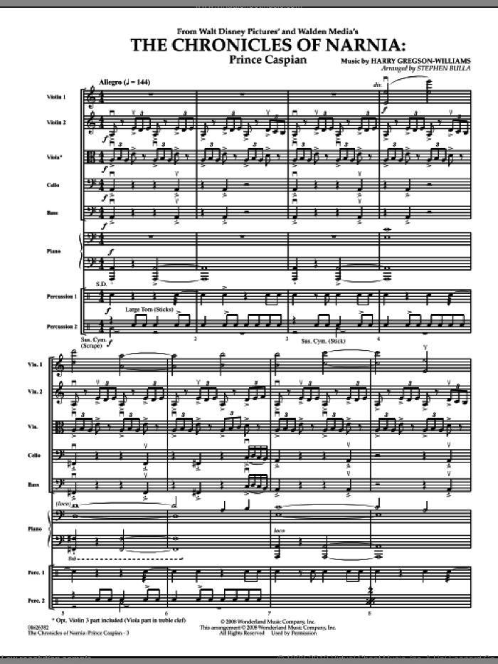 The Chronicles of Narnia: Prince Caspian (COMPLETE) sheet music for orchestra by Stephen Bulla, intermediate skill level