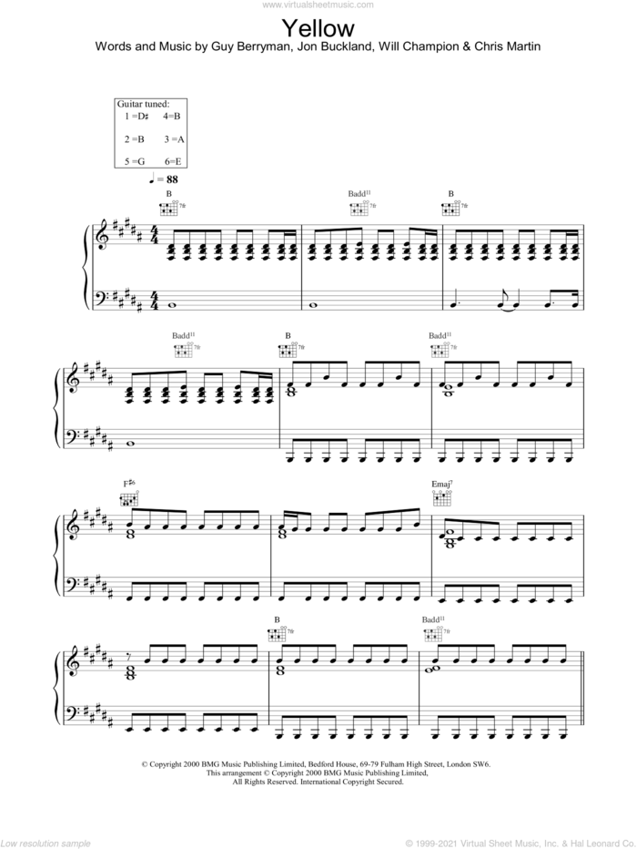 Yellow sheet music for voice, piano or guitar by Coldplay, intermediate skill level