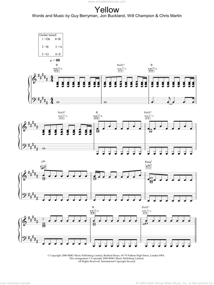 Yellow sheet music for voice, piano or guitar by Coldplay, intermediate skill level