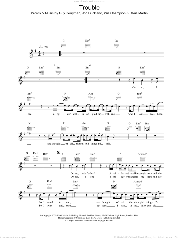 Trouble sheet music for voice and other instruments (fake book) by Coldplay, intermediate skill level