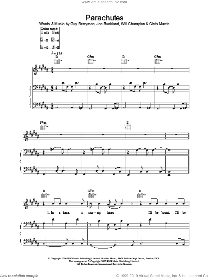 Parachutes sheet music for voice, piano or guitar by Coldplay, intermediate skill level