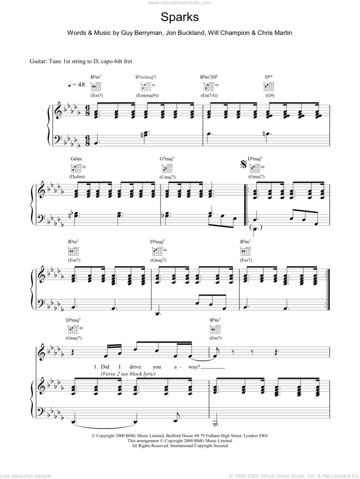 Sparks sheet music for voice, piano or guitar by Coldplay, intermediate skill level