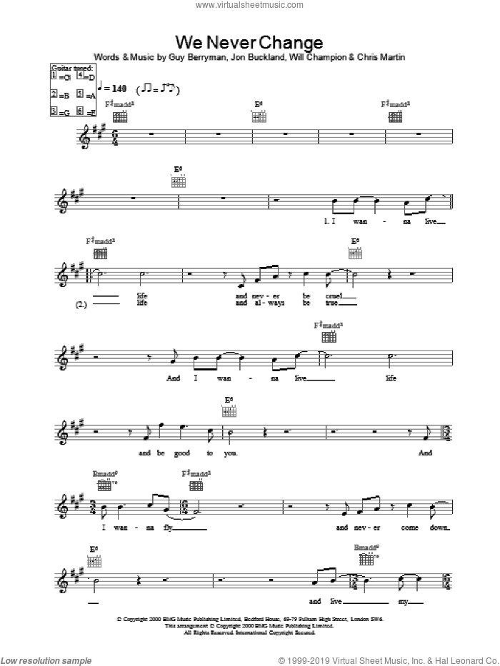 We Never Change sheet music for voice and other instruments (fake book) by Coldplay, intermediate skill level