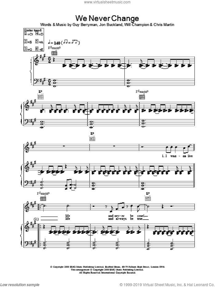 We Never Change sheet music for voice, piano or guitar by Coldplay, intermediate skill level