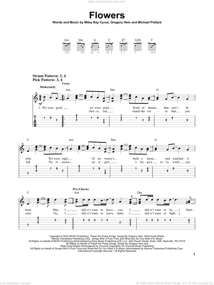 Flowers sheet music for guitar solo (easy tablature) by Miley Cyrus, Gregory Hein, Michael Pollack and Miley Ray Cyrus, easy guitar (easy tablature)