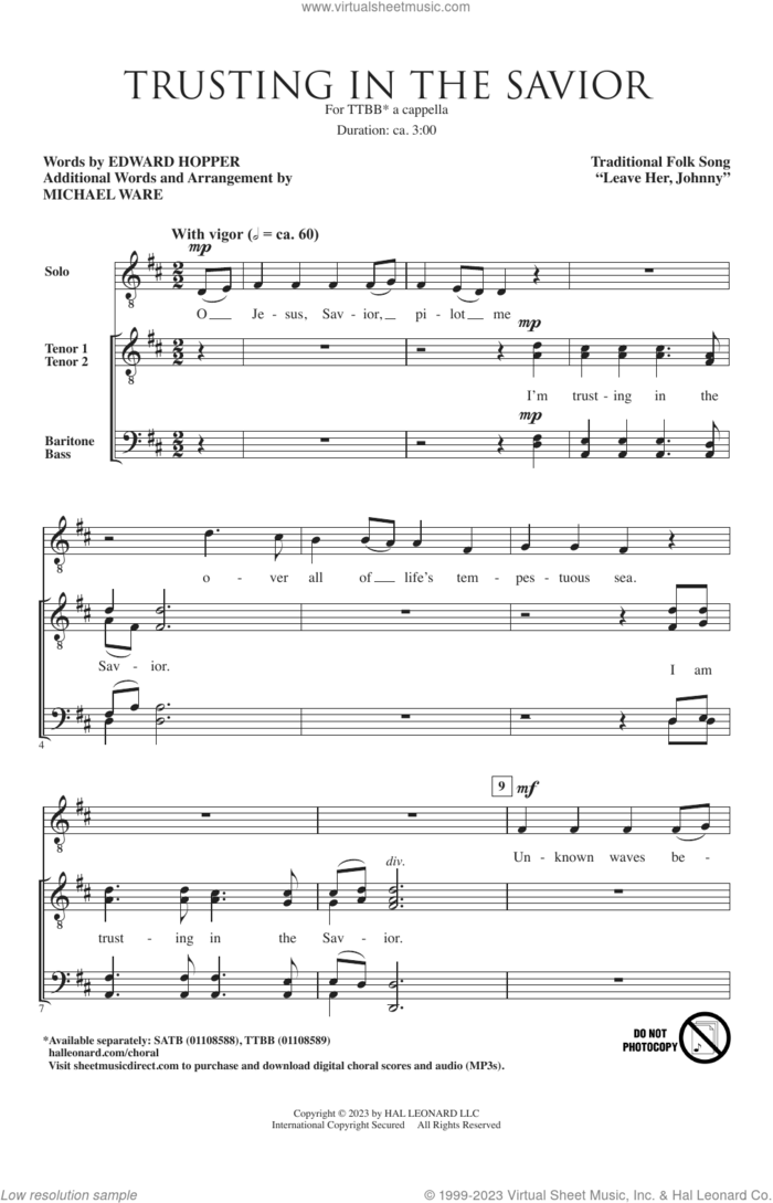 Trusting In The Savior sheet music for choir (TTBB: tenor, bass) by Michael Ware and Edward Hopper, intermediate skill level