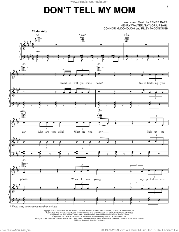 Don't Tell My Mom sheet music for voice, piano or guitar by Reneé Rapp, Connor McDonough, Henry Walter, Riley McDonough and Taylor Upsahl, intermediate skill level