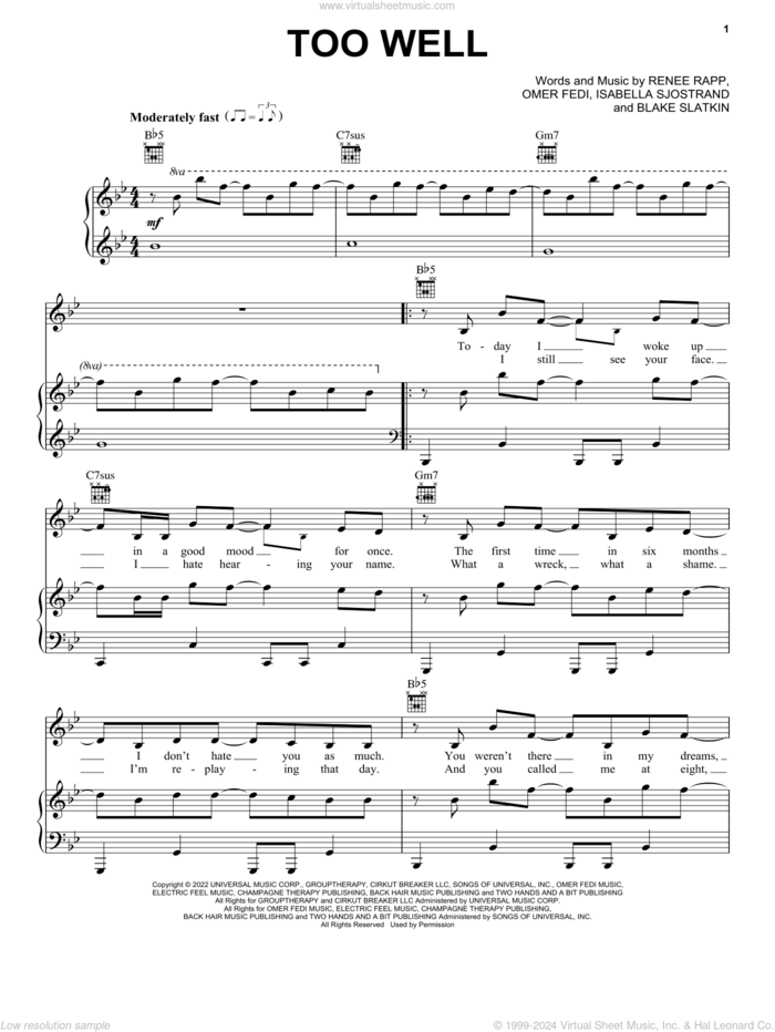 Too Well sheet music for voice, piano or guitar by Reneé Rapp, Blake Slatkin, Isabella Sjostrand and Omer Fedi, intermediate skill level