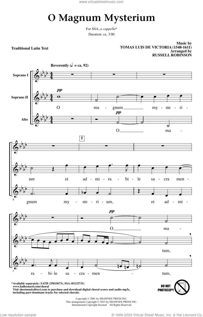O Magnum Mysterium (arr. Russell Robinson) sheet music for choir (SSA: soprano, alto) by Tomas Luis De Victoria, Russell Robinson and Miscellaneous, intermediate skill level