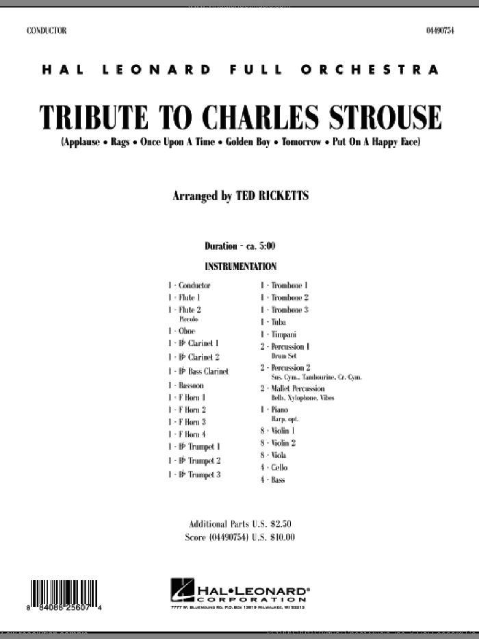 Tribute to Charles Strouse (COMPLETE) sheet music for full orchestra by Charles Strouse and Ted Ricketts, intermediate skill level