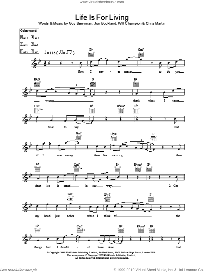 Life Is For Living sheet music for voice and other instruments (fake book) by Coldplay, intermediate skill level