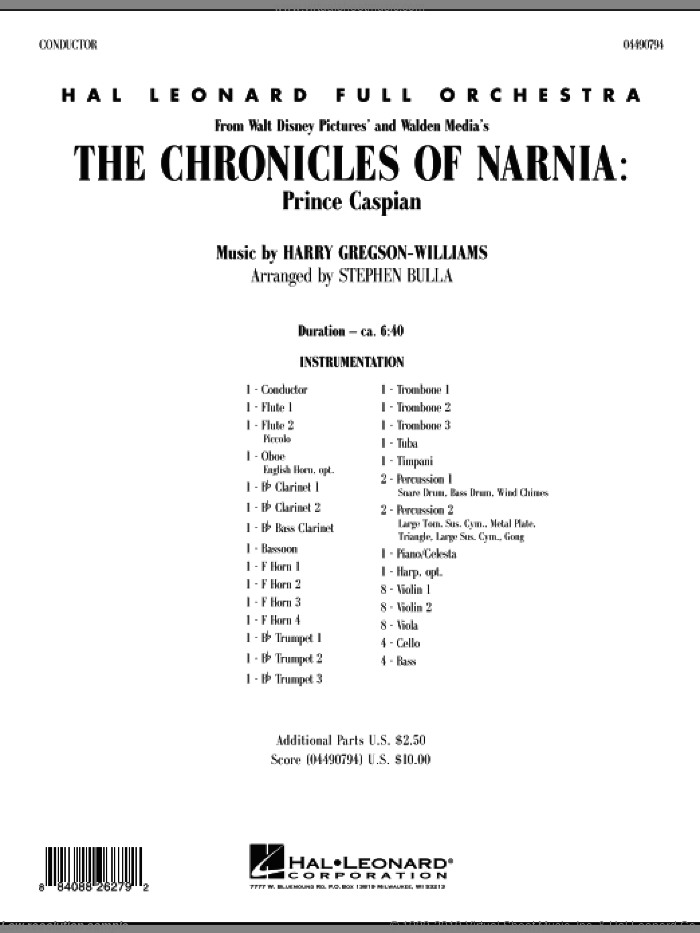 The Chronicles of Narnia: Prince Caspian (COMPLETE) sheet music for full orchestra by Harry Gregson-Williams and Stephen Bulla, intermediate skill level