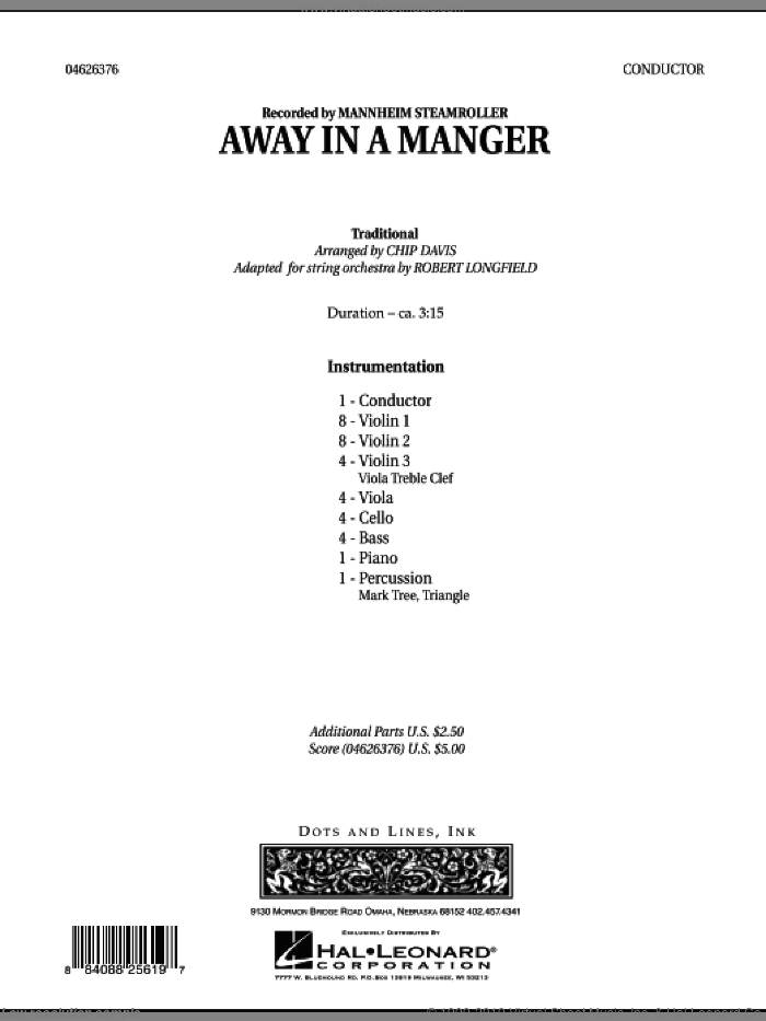 Away in a Manger (COMPLETE) sheet music for orchestra by Chip Davis, Mannheim Steamroller and Robert Longfield, intermediate skill level