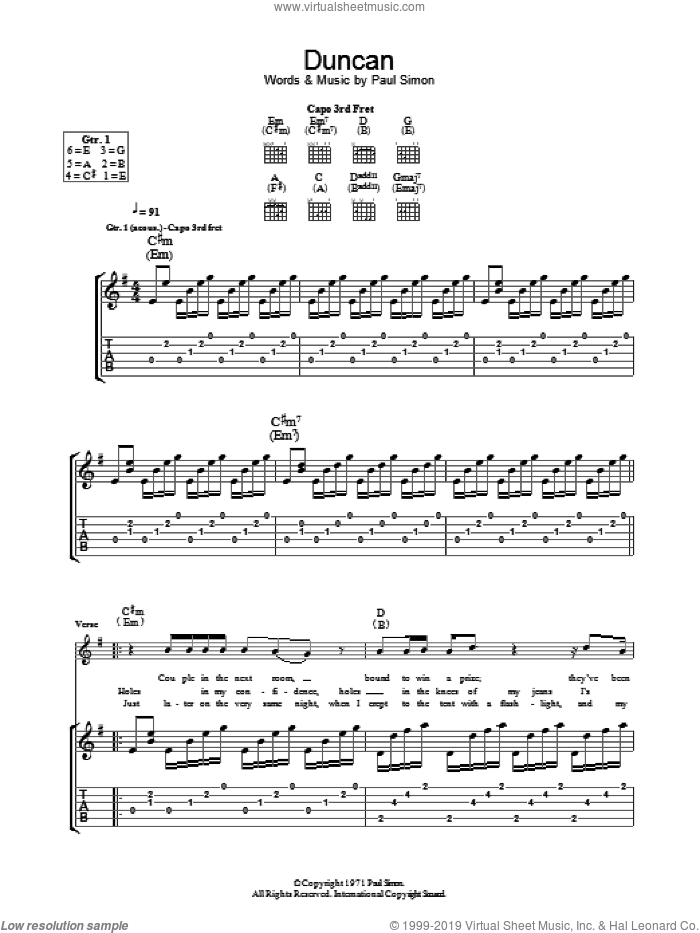Duncan sheet music for guitar (tablature) by Paul Simon, intermediate skill level