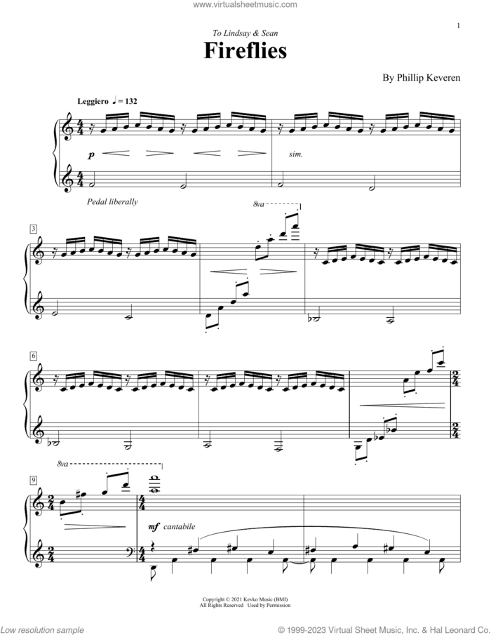 Fireflies sheet music for piano solo by Phillip Keveren, intermediate skill level