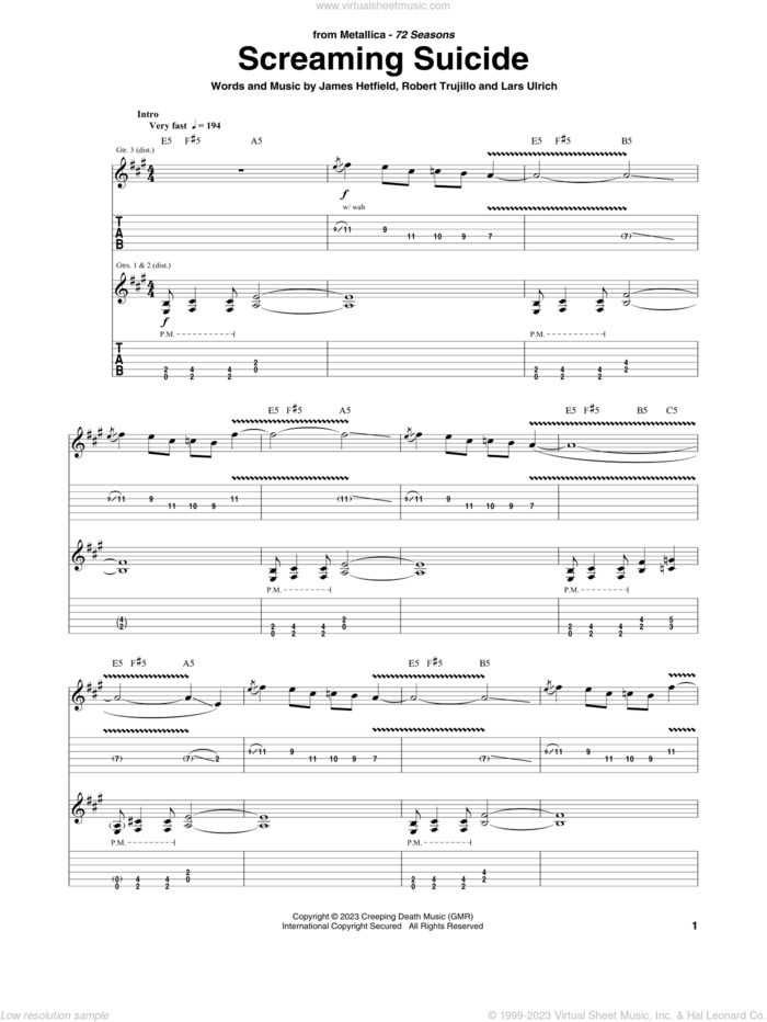 Screaming Suicide sheet music for guitar (tablature) by Metallica, James Hetfield, Lars Ulrich and Robert Trujillo, intermediate skill level