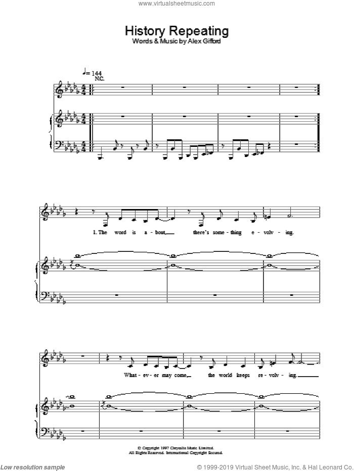 History Repeating sheet music for voice, piano or guitar by Shirley Bassey and Propellerheads, intermediate skill level
