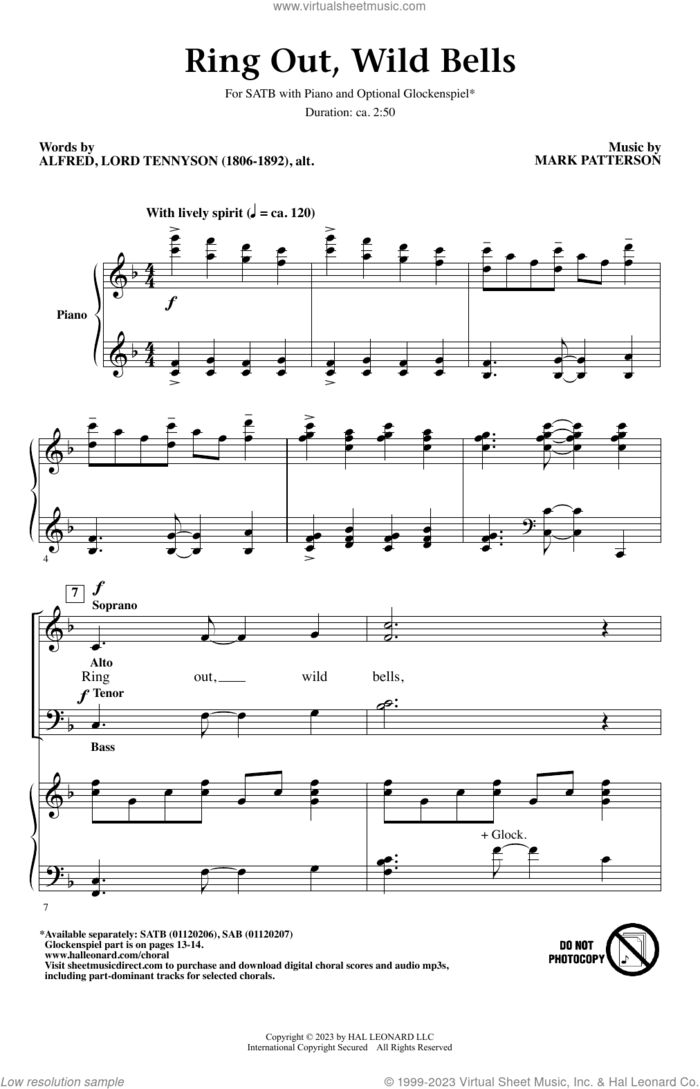Ring Out, Wild Bells sheet music for choir (SATB: soprano, alto, tenor, bass) by Mark Patterson and Alfred, Lord Tennyson, intermediate skill level