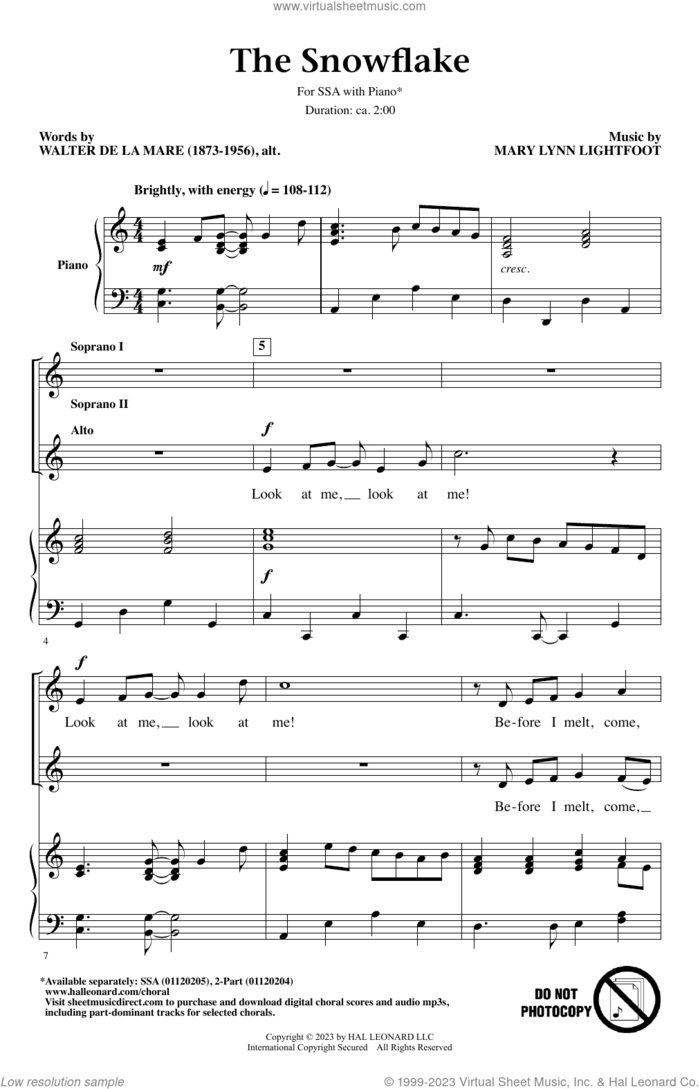 The Snowflake sheet music for choir (SSA: soprano, alto) by Mary Lynn Lightfoot and Walter de la Mare, intermediate skill level