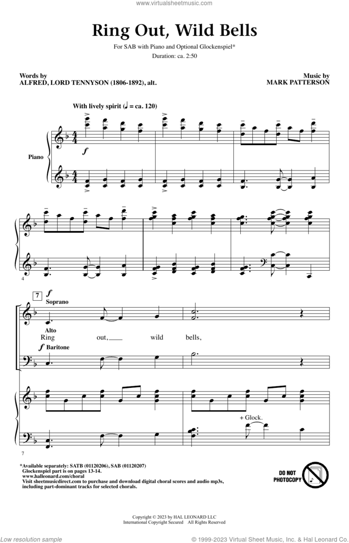 Ring Out, Wild Bells sheet music for choir (SAB: soprano, alto, bass) by Mark Patterson and Alfred, Lord Tennyson, intermediate skill level