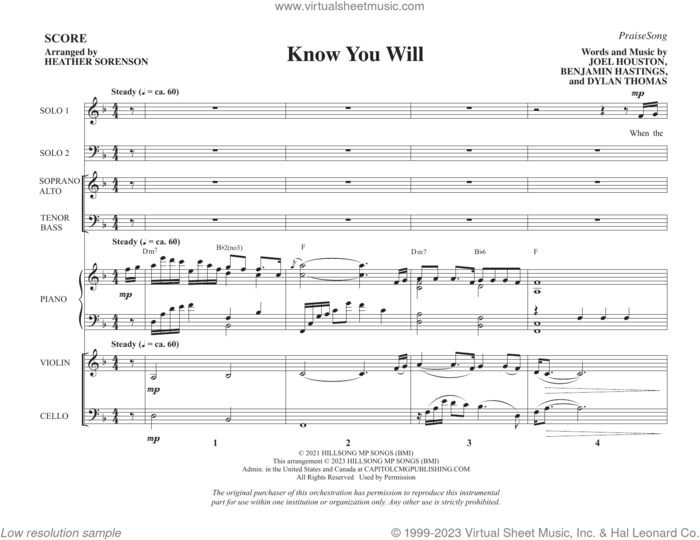 Know You Will (arr. Heather Sorenson) (COMPLETE) sheet music for orchestra/band by Heather Sorenson, Benjamin Hastings, Dylan Thomas, Hillsong United and Joel Houston, intermediate skill level