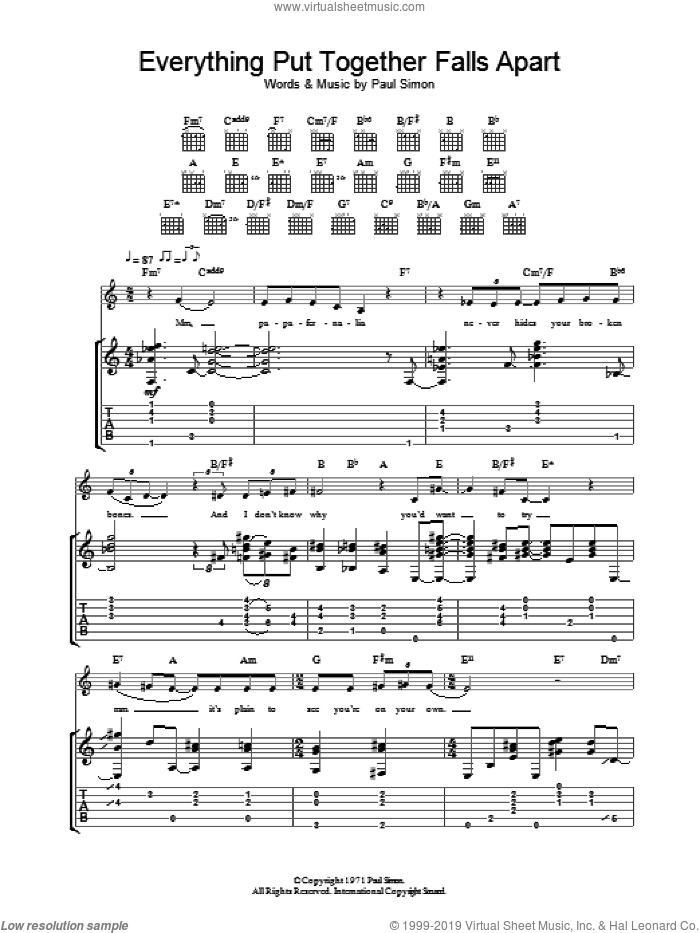 Everything Put Together Falls Apart sheet music for guitar (tablature) by Paul Simon, intermediate skill level
