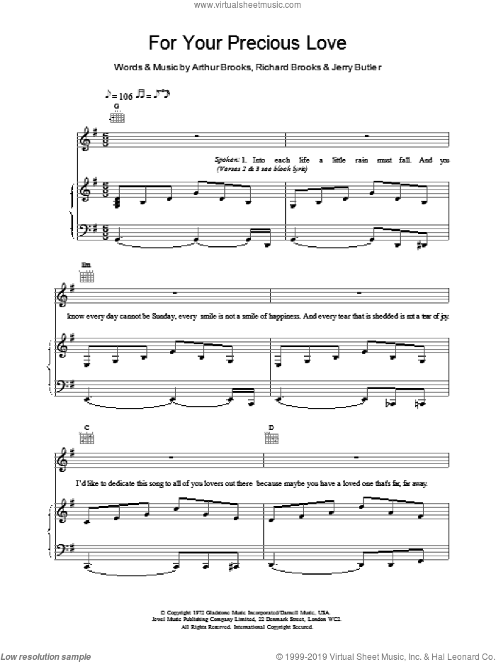 For Your Precious Love sheet music for voice, piano or guitar by Jerry Butler & The Impressions, James Brown, Arthur Brooks, Jerry Butler and Richard Brooks, intermediate skill level