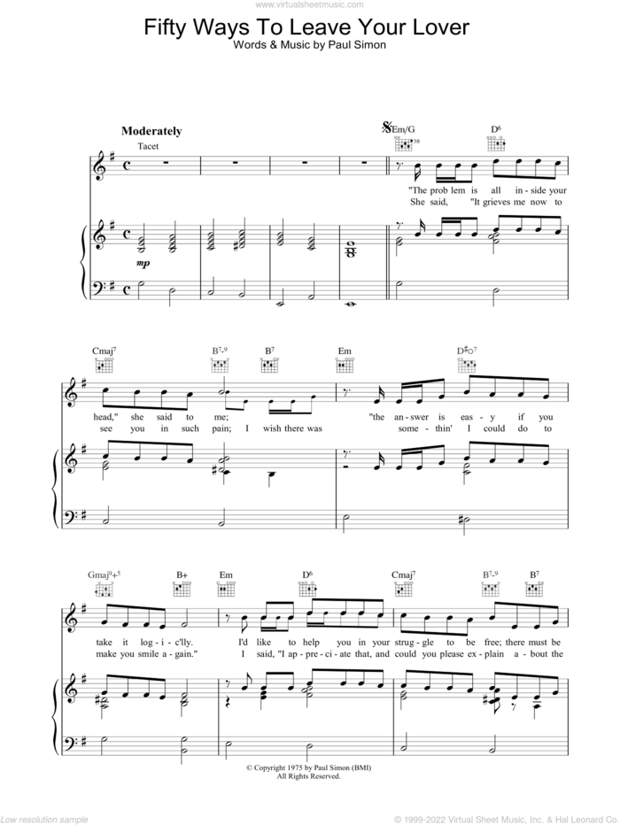 Fifty Ways To Leave Your Lover sheet music for voice, piano or guitar by Paul Simon, intermediate skill level