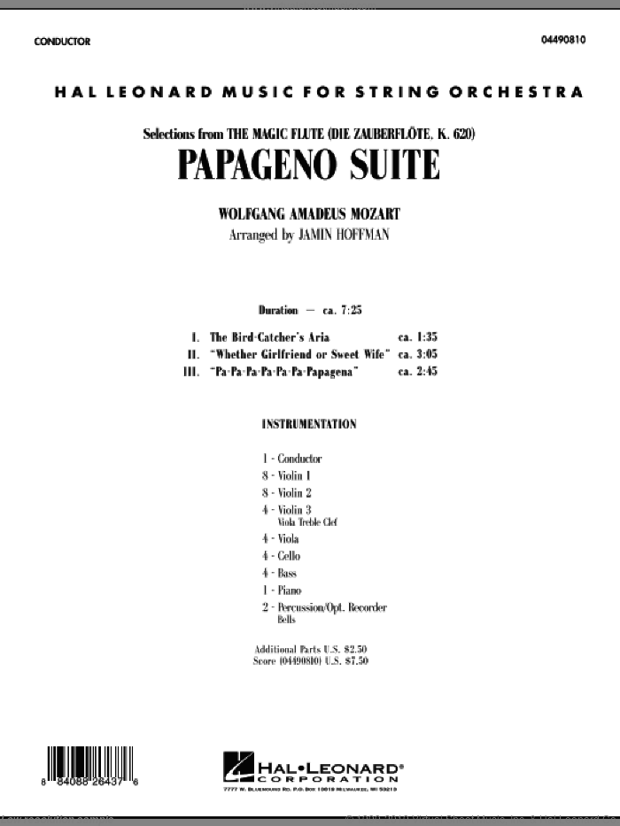 Papageno Suite (COMPLETE) sheet music for orchestra by Wolfgang Amadeus Mozart and Jamin Hoffman, classical score, intermediate skill level