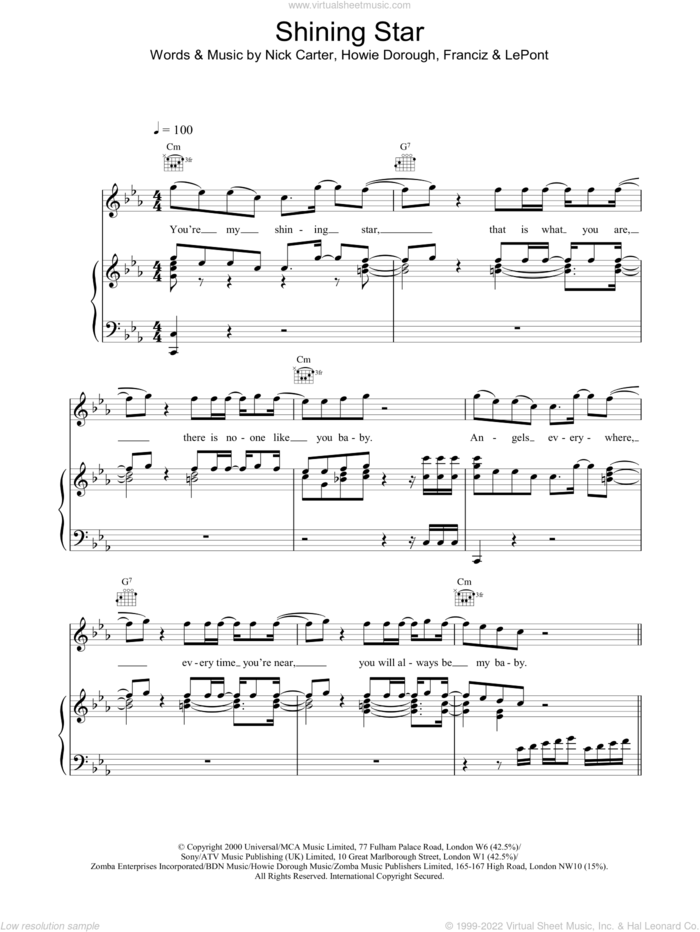 Shining Star sheet music for voice, piano or guitar by Backstreet Boys, intermediate skill level